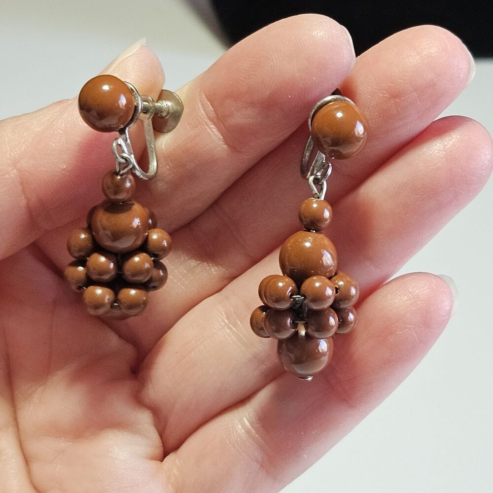 Vintage Silver Tone Dangling Brown Beaded Screw Back Earrings